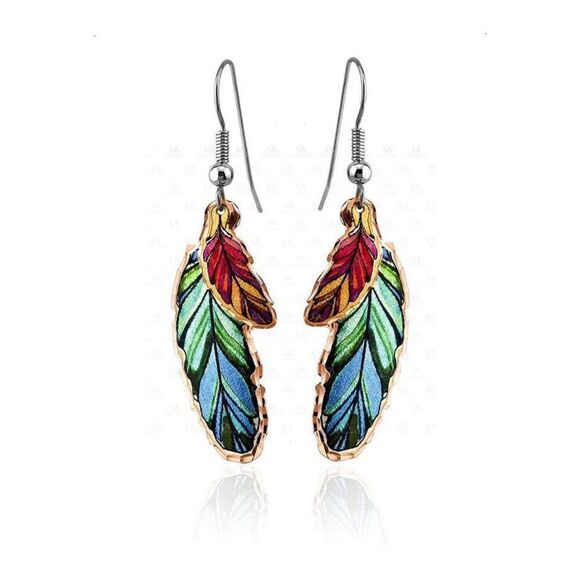 Handcrafted Boho Earrings, Copper Colorful Feather‎ Native American Wire Drop Ea - Picture 2 of 5